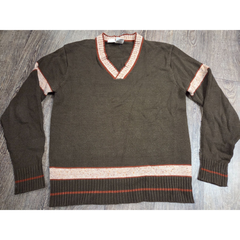 Kennington California Wool Blend Vintage Brown Beige Rust V Neck Large Sweater